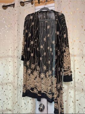 Black Floral Lace-Accent Open Cardigan Sweater